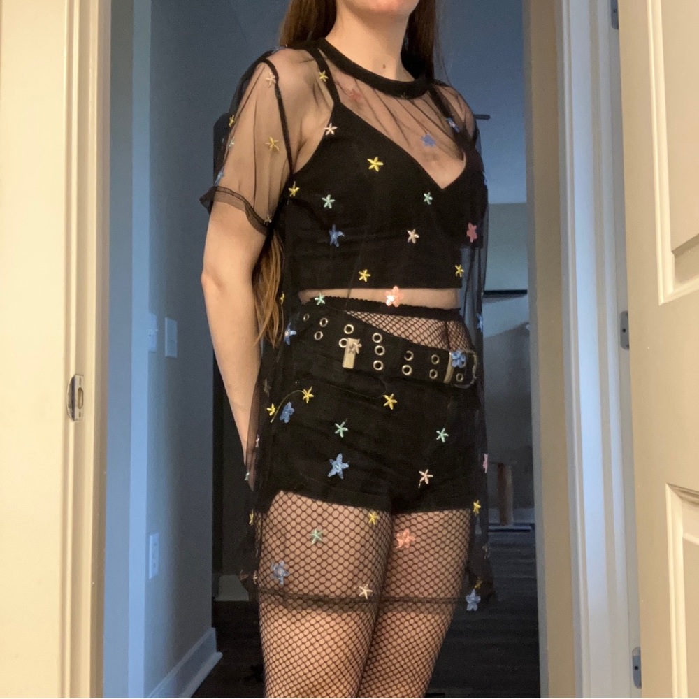NEW BEAUTIFUL RARE CELESTIAL STAR EMBROIDERY BLACK MESH DRESS - Picture 11 of 15